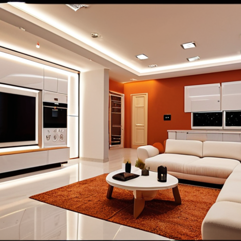 **Prompt:** Futuristic Turkish home interior, AI-controlled smart appliances, personalized lighting, energy efficiency, comfortable living space, warm color palette.
